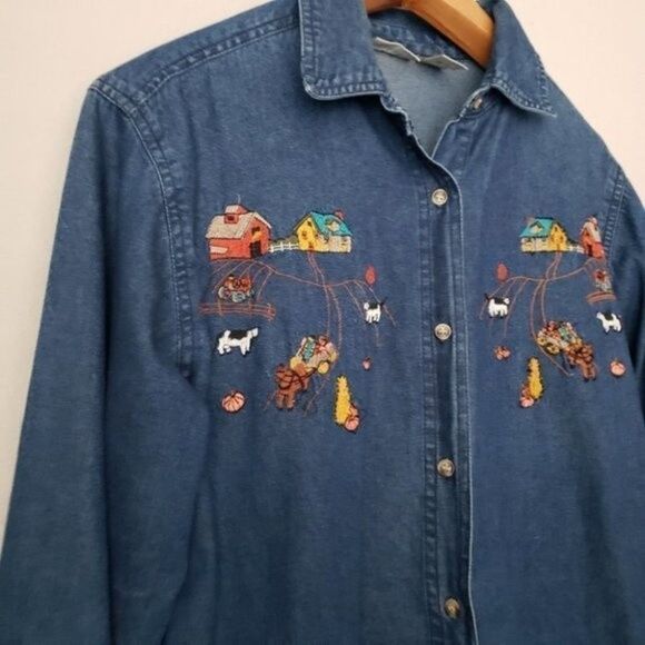 Cabin Creek farm embroidery denim shirt size medium tall - Picture 4 of 8